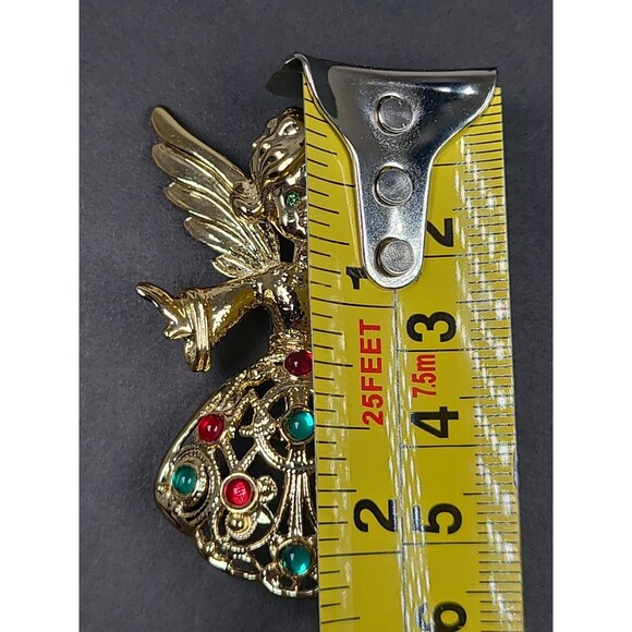 Vintage TANCER II Signed Angel Brooch Gold Tone Red & Green Rhinestones - Picture 4 of 4